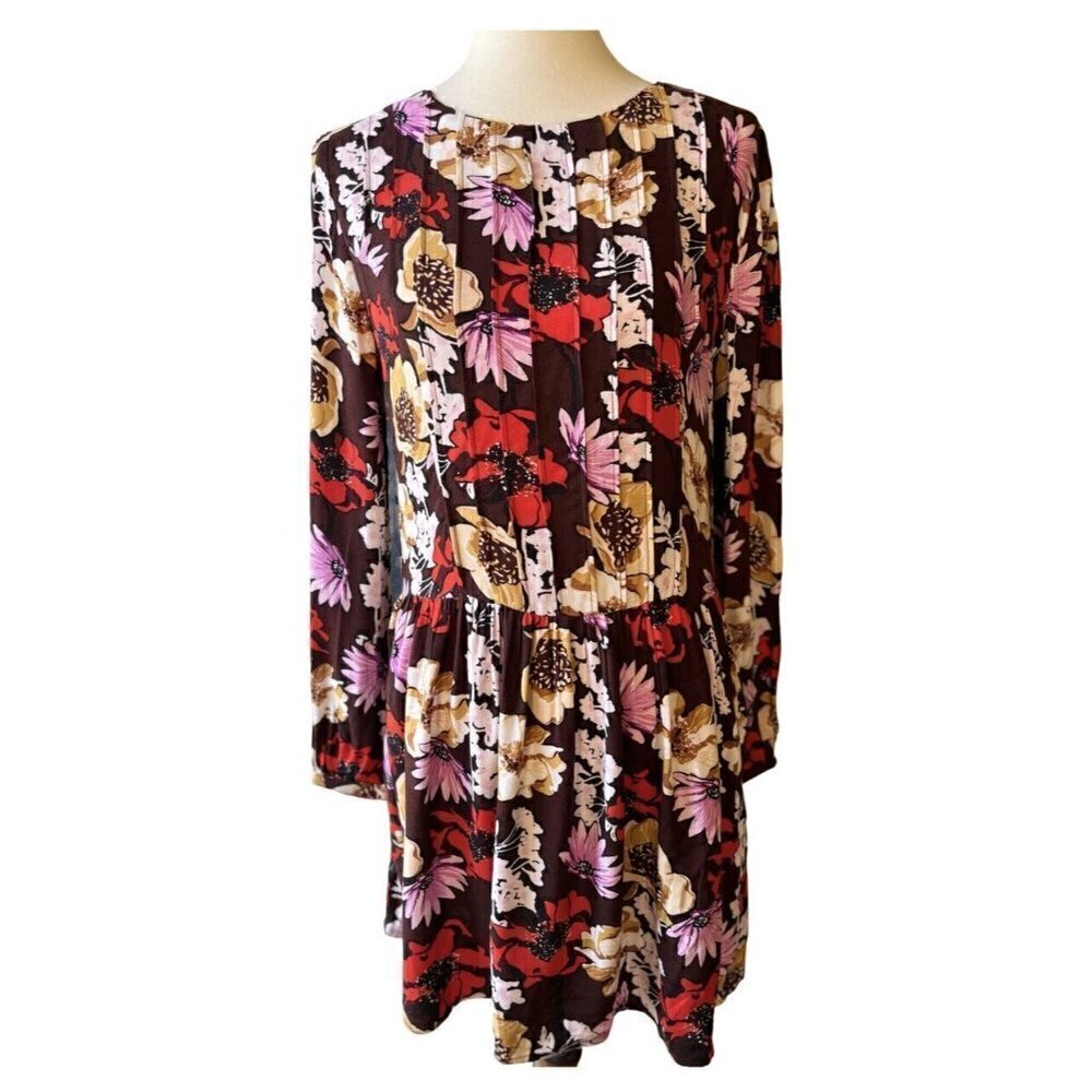Hinge Women's Pintuck Floral Burgundy Fudge Wild Bouquet Mini Dress Size S - Picture 13 of 16